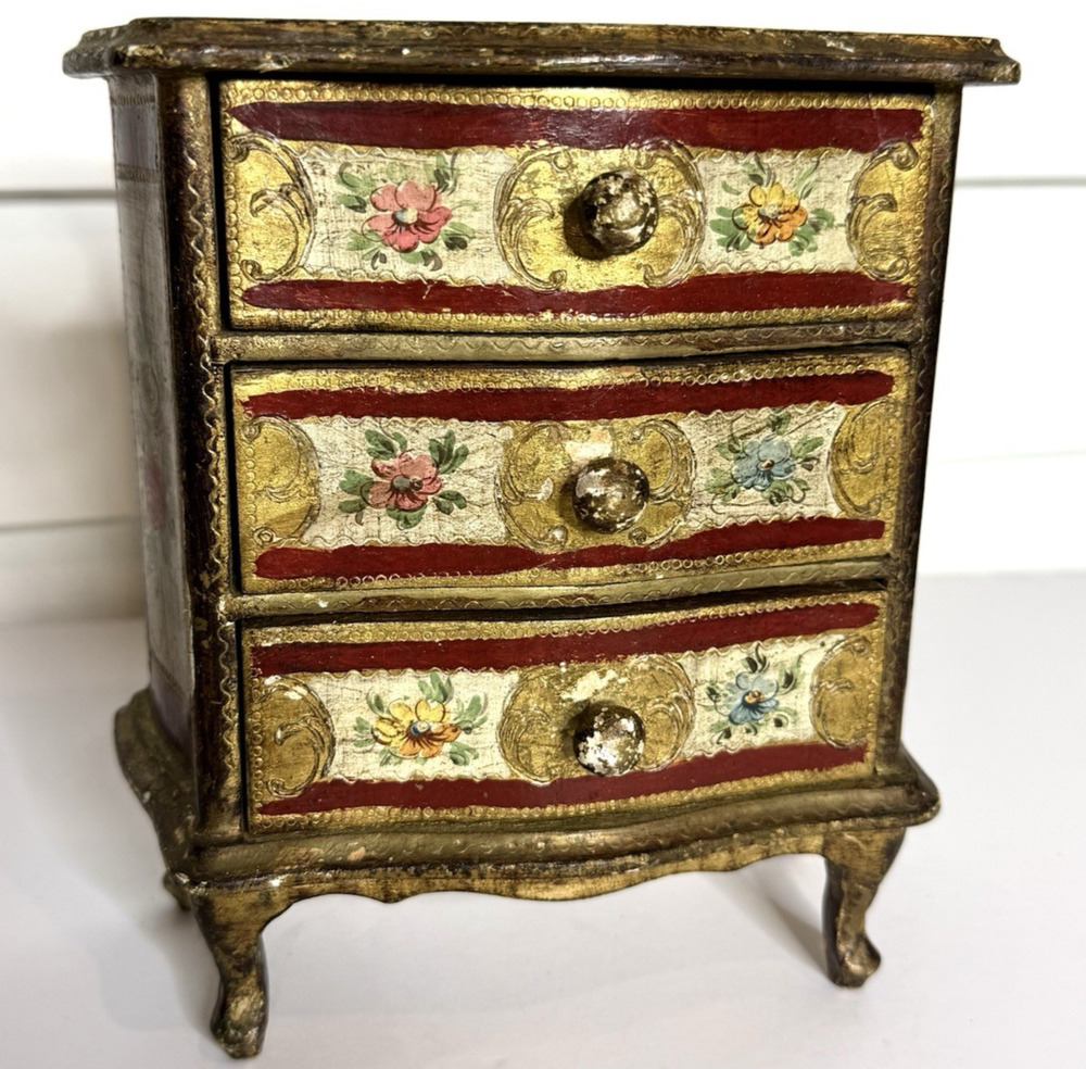 Italian Florentine Antique Gilt Jewelry box mini Chest Of Drawers Frienze